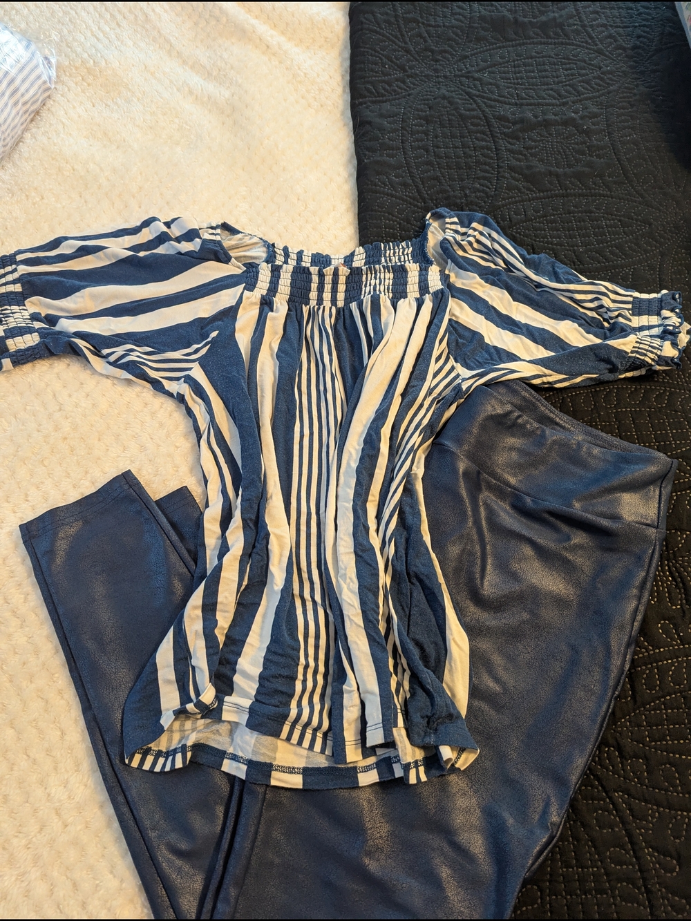 LuLaRoe Blue and White Striped Off-Shoulder Top with Blue Leggings